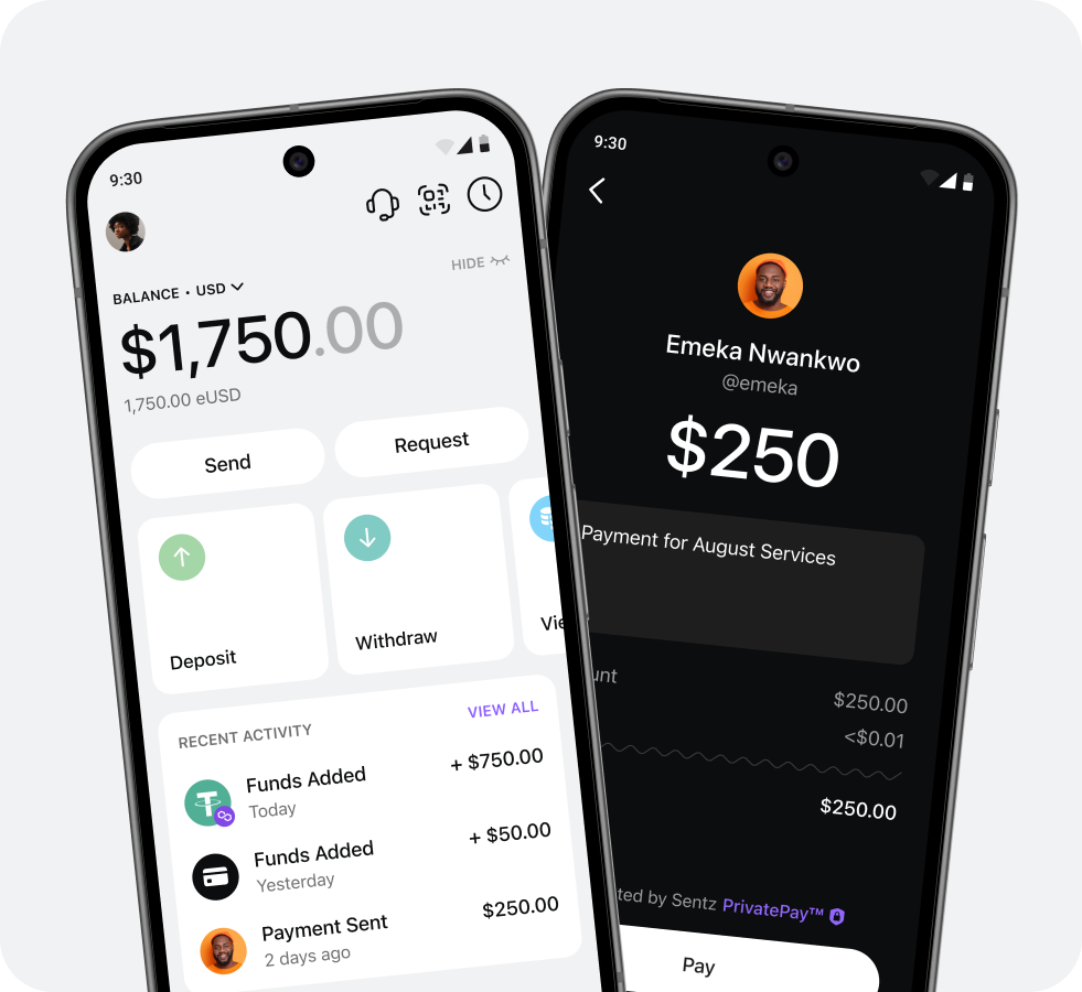 The Sentz app showing a wallet balance and a payment screen
